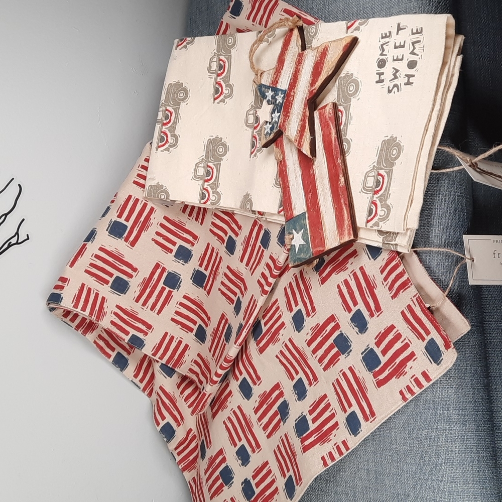 Americana Runner Kitchen Dish Towel Ornament Set 4 USA Patriotic Home Decoration